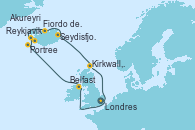Visitando Londres (Reino Unido), Belfast (Irlanda), Portree (Reino Unido), Reykjavik (Islandia), Fiordo de Grundar (Islandia), Akureyri (Islandia), Seydisfjordur (Islandia), Kirkwall,Scotland,UK, Londres (Reino Unido)