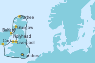 Visitando Londres (Reino Unido), Portree (Reino Unido), Glasgow (Escocia), Glasgow (Escocia), Belfast (Irlanda), Liverpool (Reino Unido), Holyhead (Gales/Reino Unido), Cork (Irlanda), Londres (Reino Unido)