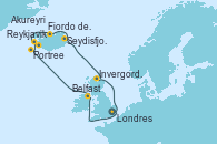 Visitando Londres (Reino Unido), Belfast (Irlanda), Portree (Reino Unido), Reykjavik (Islandia), Fiordo de Grundar (Islandia), Akureyri (Islandia), Seydisfjordur (Islandia), Invergordon (Escocia), Londres (Reino Unido)
