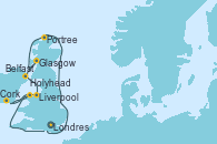 Visitando Londres (Reino Unido), Portree (Reino Unido), Glasgow (Escocia), Belfast (Irlanda), Liverpool (Reino Unido), Cork (Irlanda), Holyhead (Gales/Reino Unido), Londres (Reino Unido)