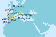 Visitando Londres (Reino Unido), La Coruña (Galicia/España), Puerto Leixões (Portugal), Lisboa (Portugal), Cádiz (España), Málaga, Cartagena (Murcia), Civitavecchia (Roma)