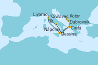 Visitando Civitavecchia (Roma), Nápoles (Italia), Dubrovnik (Croacia), Kotor (Montenegro), Corfú (Grecia), Messina (Sicilia), Livorno, Pisa y Florencia (Italia), Civitavecchia (Roma)
