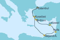 Visitando Estambul (Turquía), Estambul (Turquía), Bodrum (Turquia), Limassol (Chipre), Haifa (Israel), Haifa (Israel), Alejandría (Egipto), Kusadasi (Efeso/Turquía), Estambul (Turquía)