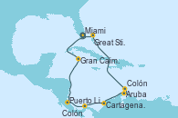 Visitando Miami (Florida/EEUU), Gran Caimán (Islas Caimán), Puerto Limón (Costa Rica), Colón (Panamá), Cartagena de Indias (Colombia), Aruba (Antillas), Colón, Great Stirrup Cay (Bahamas), Miami (Florida/EEUU)
