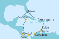 Visitando Miami (Florida/EEUU), Gran Caimán (Islas Caimán), Puerto Limón (Costa Rica), Colón (Panamá), Cartagena de Indias (Colombia), Aruba (Antillas), Colón, PUERTO PLATA, REPUBLICA DOMINICANA, Miami (Florida/EEUU)