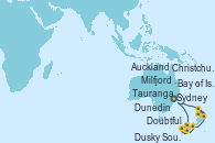 Visitando Sydney (Australia), Milfjord Sound (Nueva Zelanda), Doubtful Sound (Nueva Zelanda), Dusky Sound (Nueva Zelanda), Dunedin (Nueva Zelanda), Christchurch (Nueva Zelanda), Auckland (Nueva Zelanda), Tauranga (Nueva Zelanda), Bay of Islands (Nueva Zelanda), Sydney (Australia)