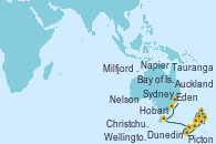 Visitando Auckland (Nueva Zelanda), Bay of Islands (Nueva Zelanda), Tauranga (Nueva Zelanda), Napier (Nueva Zelanda), Wellington (Nueva Zelanda), Nelson (Nueva Zelanda), Picton (Australia), Christchurch (Nueva Zelanda), Dunedin (Nueva Zelanda), Milfjord Sound (Nueva Zelanda), Hobart (Australia), Hobart (Australia), Eden (Nueva Gales), Sydney (Australia)