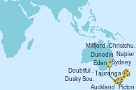 Visitando Auckland (Nueva Zelanda), Tauranga (Nueva Zelanda), Napier (Nueva Zelanda), Picton (Australia), Christchurch (Nueva Zelanda), Dunedin (Nueva Zelanda), Dusky Sound (Nueva Zelanda), Doubtful Sound (Nueva Zelanda), Milfjord Sound (Nueva Zelanda), Eden (Nueva Gales), Sydney (Australia)