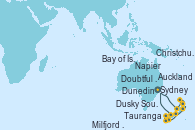 Visitando Sydney (Australia), Bay of Islands (Nueva Zelanda), Auckland (Nueva Zelanda), Tauranga (Nueva Zelanda), Napier (Nueva Zelanda), Christchurch (Nueva Zelanda), Dunedin (Nueva Zelanda), Dusky Sound (Nueva Zelanda), Doubtful Sound (Nueva Zelanda), Milfjord Sound (Nueva Zelanda), Sydney (Australia)