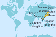 Visitando Tokio (Japón), Tokio (Japón), Shizuoka (Japón), Kobe (Japón), Kobe (Japón), Fukuoka (Japón), Tianjin Xingang (China), Tianjin Xingang (China), Dalian (China), Shanghái (China), Shanghái (China), Hong Kong (China), Hong Kong (China), Da Nang (Vietnam), Ciudad Ho Chi Minh (Vietnam), Singapur