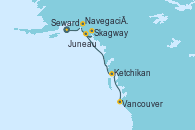 Visitando Seward (Alaska), Valdez (Alaska), Navegación por Glaciar Hubbard (Alaska), Skagway (Alaska), Juneau (Alaska), Ketchikan (Alaska), Vancouver (Canadá)