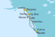 Visitando Seattle (Washington/EEUU), Sitka (Alaska), Juneau (Alaska), Skagway (Alaska), Haines (Alaska), Glaciar Bay (Alaska), Icy Strait Point (Alaska), Ketchikan (Alaska), Victoria (Canadá), Seattle (Washington/EEUU)