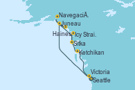 Visitando Seattle (Washington/EEUU), Juneau (Alaska), Haines (Alaska), Navegación por Glaciar Hubbard (Alaska), Sitka (Alaska), Icy Strait Point (Alaska), Ketchikan (Alaska), Victoria (Canadá), Seattle (Washington/EEUU)