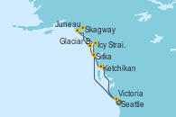 Visitando Seattle (Washington/EEUU), Sitka (Alaska), Glaciar Bay (Alaska), Skagway (Alaska), Juneau (Alaska), Icy Strait Point (Alaska), Ketchikan (Alaska), Victoria (Canadá), Seattle (Washington/EEUU)