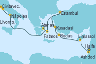 Visitando Haifa (Israel), Ashdod (Israel), Limassol (Chipre), Rodas (Grecia), Kusadasi (Efeso/Turquía), Estambul (Turquía), Patmos (Grecia), Atenas (Grecia), Nápoles (Italia), Livorno, Pisa y Florencia (Italia), Civitavecchia (Roma)
