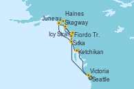 Visitando Seattle (Washington/EEUU), Sitka (Alaska), Juneau (Alaska), Skagway (Alaska), Fiordo Tracy Arm (Alaska), Haines (Alaska), Icy Strait Point (Alaska), Ketchikan (Alaska), Victoria (Canadá), Seattle (Washington/EEUU)