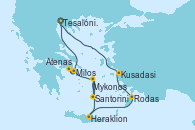 Visitando Tesalónica (Grecia), Kusadasi (Efeso/Turquía), Rodas (Grecia), Heraklion (Creta), Santorini (Grecia), Santorini (Grecia), Mykonos (Grecia), Mykonos (Grecia), Milos (Grecia), Atenas (Grecia), Tesalónica (Grecia)