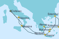 Visitando Civitavecchia (Roma), Messina (Sicilia), Chania (Creta/Grecia), Santorini (Grecia), Mykonos (Grecia), Estambul (Turquía), Estambul (Turquía), Kusadasi (Efeso/Turquía), Atenas (Grecia), Nápoles (Italia), Civitavecchia (Roma)