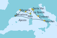 Visitando Barcelona, Marsella (Francia), Niza (Francia), Ajaccio (Córcega), Santa Margarita (Italia), La Spezia, Florencia y Pisa (Italia), Civitavecchia (Roma), Nápoles (Italia), Barcelona