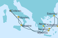 Visitando Civitavecchia (Roma), Messina (Sicilia), Santorini (Grecia), Mykonos (Grecia), Estambul (Turquía), Estambul (Turquía), Kusadasi (Efeso/Turquía), Atenas (Grecia), Nápoles (Italia), Civitavecchia (Roma)