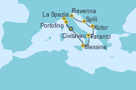 Visitando Civitavecchia (Roma), La Spezia, Florencia y Pisa (Italia), Portofino (Italia), Messina (Sicilia), Taranto (Italia), Kotor (Montenegro), Split (Croacia), Ravenna (Italia)