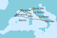 Visitando Barcelona, Marsella (Francia), Ajaccio (Córcega), Niza (Francia), Santa Margarita (Italia), La Spezia, Florencia y Pisa (Italia), Civitavecchia (Roma), Nápoles (Italia), Barcelona