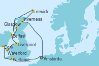Visitando Ámsterdam (Holanda), Portland, Dorset (Reino Unido), Cork (Irlanda), Waterford (Irlanda), Liverpool (Reino Unido), Belfast (Irlanda), Glasgow (Escocia), Lerwick (Escocia), Inverness (Escocia), Ámsterdam (Holanda)