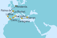 Visitando Ámsterdam (Holanda), La Rochelle (Francia), Lisboa (Portugal), Lisboa (Portugal), Cádiz (España), Cartagena (Murcia), Palma de Mallorca (España), La Valletta (Malta), Atenas (Grecia)