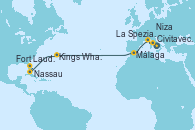 Visitando Civitavecchia (Roma), La Spezia, Florencia y Pisa (Italia), Niza (Francia), Málaga, Kings Wharf (Bermudas), Nassau (Bahamas), Fort Lauderdale (Florida/EEUU)