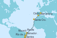Visitando Santos (Brasil), Río de Janeiro (Brasil), Salvador de Bahía (Brasil), Maceió (Brasil), Recife (Brasil), Santa Cruz de Tenerife (España), Cádiz (España), Barcelona