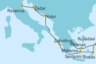 Visitando Atenas (Grecia), Mykonos (Grecia), Kusadasi (Efeso/Turquía), Rodas (Grecia), Santorini (Grecia), Zakinthos (Grecia), Kotor (Montenegro), Zadar (Croacia), Ravenna (Italia)