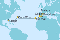 Visitando Tampa (Florida), Kings Wharf (Bermudas), Funchal (Madeira), Cádiz (España), Málaga, Barcelona
