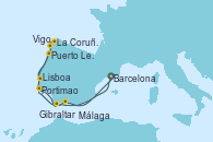 Visitando Barcelona, Portimao (Portugal), Lisboa (Portugal), Puerto Leixões (Portugal), Vigo (España), La Coruña (Galicia/España), Gibraltar (Inglaterra), Málaga, Barcelona