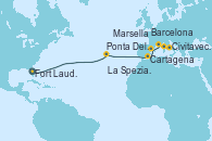 Visitando Fort Lauderdale (Florida/EEUU), Ponta Delgada (Azores), Cartagena (Murcia), Barcelona, Marsella (Francia), La Spezia, Florencia y Pisa (Italia), Civitavecchia (Roma)