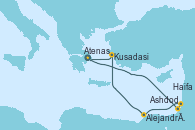 Visitando Atenas (Grecia), Ashdod (Israel), Ashdod (Israel), Haifa (Israel), Alejandría (Egipto), Alejandría (Egipto), Kusadasi (Efeso/Turquía), Atenas (Grecia)