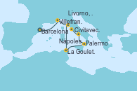 Visitando Barcelona, Villefranche (Niza/Mónaco/Francia), Livorno, Pisa y Florencia (Italia), La Goulette (Tunez), Palermo (Italia), Nápoles (Italia), Civitavecchia (Roma)