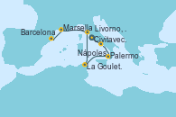 Visitando Civitavecchia (Roma), Nápoles (Italia), Palermo (Italia), La Goulette (Tunez), Livorno, Pisa y Florencia (Italia), Marsella (Francia), Barcelona