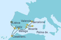 Visitando Lisboa (Portugal), Cádiz (España), Casablanca (Marruecos), Málaga, Alicante (España), Palma de Mallorca (España), Valencia, Barcelona