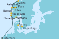 Visitando Rotterdam (Holanda), Ulvik (Noruega), Flam (Noruega), Molde (Noruega), Aalesund (Noruega), Bergen (Noruega), Haugesund (Noruega), Stavanger (Noruega), Kristiansand (Noruega), Aarhus (Dinamarca), Copenhague (Dinamarca)