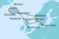 Visitando Copenhague (Dinamarca), Bergen (Noruega), Aalesund (Noruega), Akureyri (Islandia), Ísafjörður (Islandia), Grundafjord (Islandia), Reykjavik (Islandia), Djupivogur (Islandia), Invergordon (Escocia), Edimburgo (Escocia), Copenhague (Dinamarca)