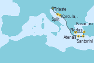 Visitando Trieste (Italia), Split (Croacia), Korcula, Croatia, Santorini (Grecia), Rodas (Grecia), Kusadasi (Efeso/Turquía), Atenas (Grecia)