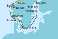 Visitando Copenhague (Dinamarca), Eidfjord (Hardangerfjord/Noruega), Bergen (Noruega), Molde (Noruega), Trondheim (Noruega), Honningsvag (Noruega), Skjolden (Noruega), Stavanger (Noruega), Kristiansand (Noruega), Copenhague (Dinamarca)