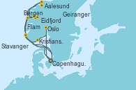 Visitando Copenhague (Dinamarca), Eidfjord (Hardangerfjord/Noruega), Aalesund (Noruega), Geiranger (Noruega), Bergen (Noruega), Copenhague (Dinamarca), Oslo (Noruega), Kristiansand (Noruega), Stavanger (Noruega), Flam (Noruega), Copenhague (Dinamarca)