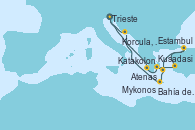 Visitando Trieste (Italia), Katakolon (Olimpia/Grecia), Atenas (Grecia), Kusadasi (Efeso/Turquía), Estambul (Turquía), Estambul (Turquía), Mykonos (Grecia), Bahía de Souda (Grecia), Korcula, Croatia, Trieste (Italia), Trieste (Italia)