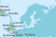 Visitando Reykjavik (Islandia), Ísafjörður (Islandia), Akureyri (Islandia), Seydisfjordur (Islandia), Greenock (Escocia), Belfast (Irlanda), Liverpool (Reino Unido), Dublin (Irlanda), Cork (Irlanda), Portland, Dorset (Reino Unido), Southampton (Inglaterra)