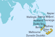 Visitando Sydney (Australia), Eden (Nueva Gales), Burnie (Tasmania/Australia), Melbourne (Australia), Milfjord Sound (Nueva Zelanda), Doubtful Sound (Nueva Zelanda), Dusky Sound (Nueva Zelanda), Dunedin (Nueva Zelanda), Akaroa (Nueva Zelanda), Wellington (Nueva Zelanda), Napier (Nueva Zelanda), Tauranga (Nueva Zelanda), Auckland (Nueva Zelanda)