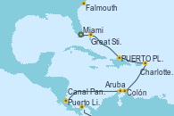 Visitando Miami (Florida/EEUU), Great Stirrup Cay (Bahamas), PUERTO PLATA, REPUBLICA DOMINICANA, Charlotte Amalie (St. Thomas), Colón, Aruba (Antillas), Puerto Limón (Costa Rica), Canal Panamá, Ciudad de Panamá (Panamá)