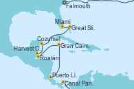 Visitando Falmouth (Gran Bretaña), Canal Panamá, Puerto Limón (Costa Rica), Gran Caimán (Islas Caimán), Roatán (Honduras), Harvest Caye (Belize), Cozumel (México), Great Stirrup Cay (Bahamas), Miami (Florida/EEUU)