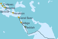 Visitando Jeddah (Arabia Saudí), Safaga (Egipto), Canal Suez, Canal Suez, Heraklion (Creta), Nápoles (Italia), Civitavecchia (Roma), Génova (Italia)
