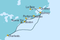 Visitando Nueva York (Estados Unidos), Boston (Massachusetts), Portland (Maine/Estados Unidos), Halifax (Canadá), Sydney (Nueva Escocia/Canadá), Charleston (Carolina del Sur), La Baie (Canada), Quebec (Canadá)